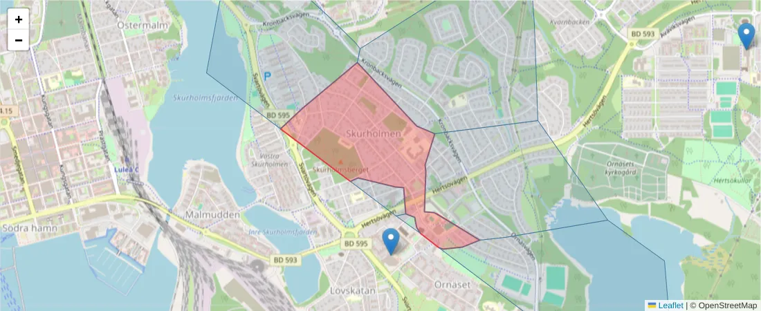Karta över postnummerområdet  och angränsande postnummer i Sverige