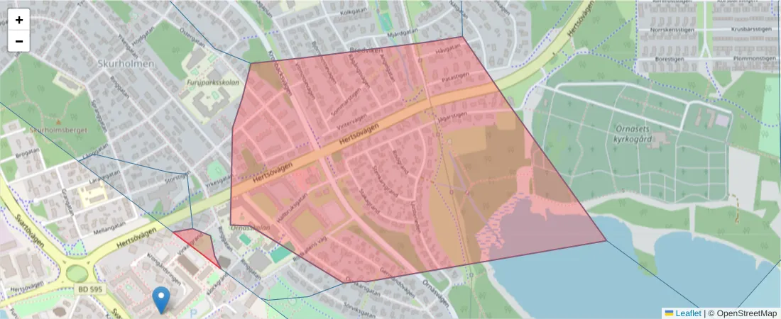 Karta över postnummerområdet  och angränsande postnummer i Sverige