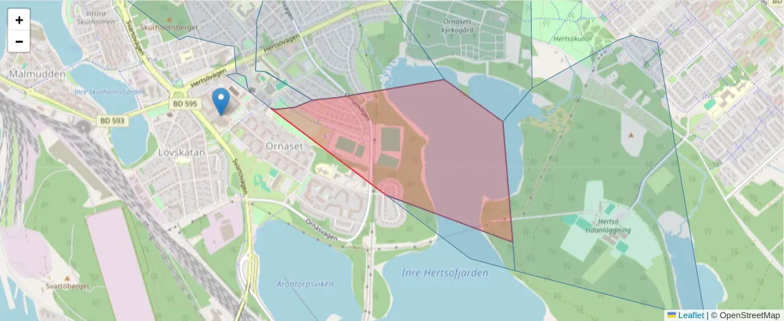 Karta över postnummerområdet  och angränsande postnummer i Sverige