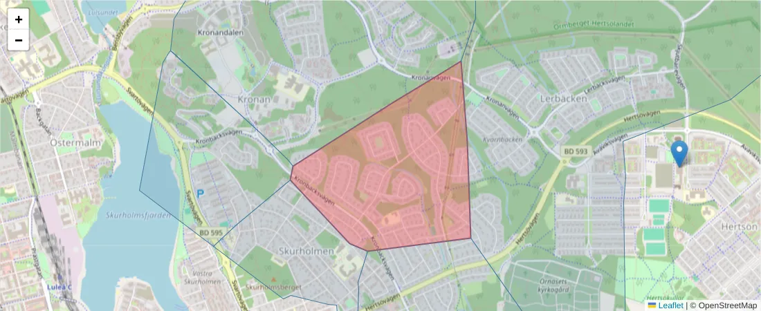Karta över postnummerområdet  och angränsande postnummer i Sverige