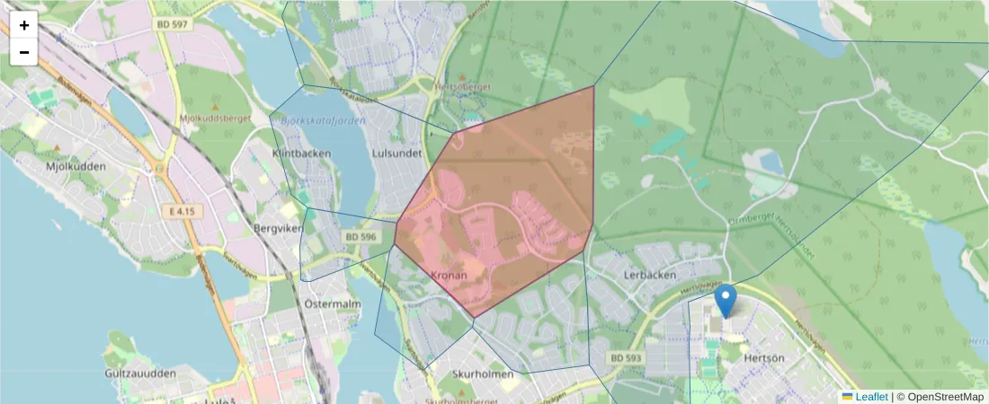 Karta över postnummerområdet  och angränsande postnummer i Sverige