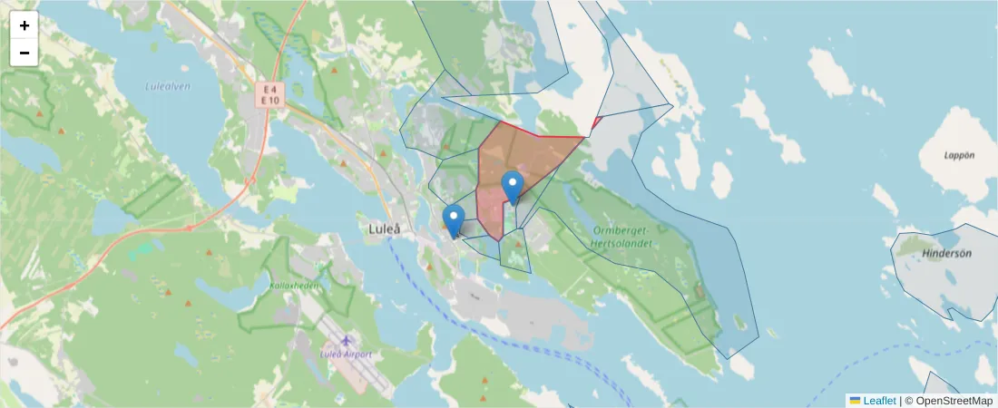 Karta över postnummerområdet  och angränsande postnummer i Sverige