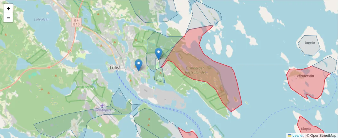 Karta över postnummerområdet  och angränsande postnummer i Sverige