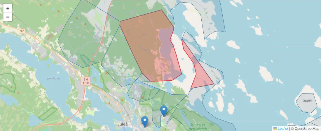 Karta över postnummerområdet  och angränsande postnummer i Sverige