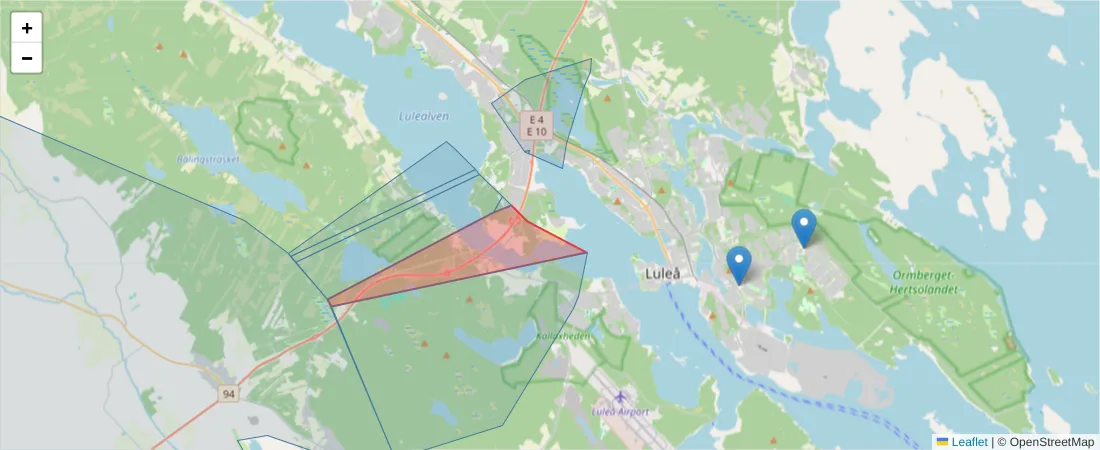 Karta över postnummerområdet  och angränsande postnummer i Sverige