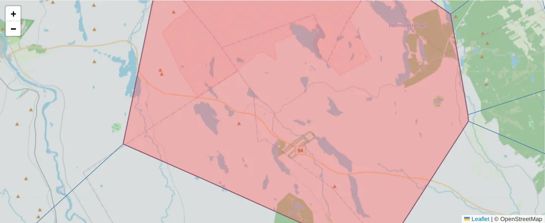 Karta över postnummerområdet  och angränsande postnummer i Sverige