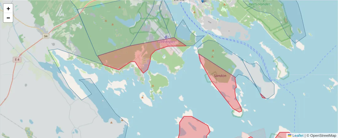 Karta över postnummerområdet  och angränsande postnummer i Sverige