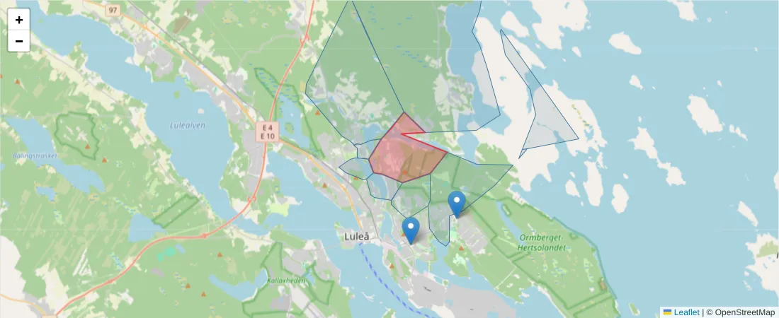 Karta över postnummerområdet  och angränsande postnummer i Sverige