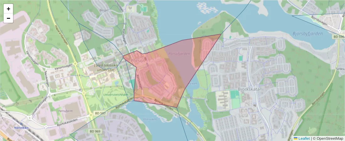 Karta över postnummerområdet  och angränsande postnummer i Sverige