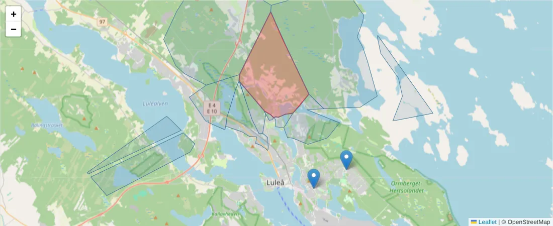Karta över postnummerområdet  och angränsande postnummer i Sverige