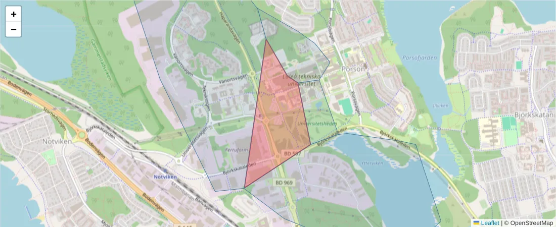 Karta över postnummerområdet  och angränsande postnummer i Sverige