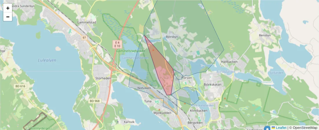 Karta över postnummerområdet  och angränsande postnummer i Sverige