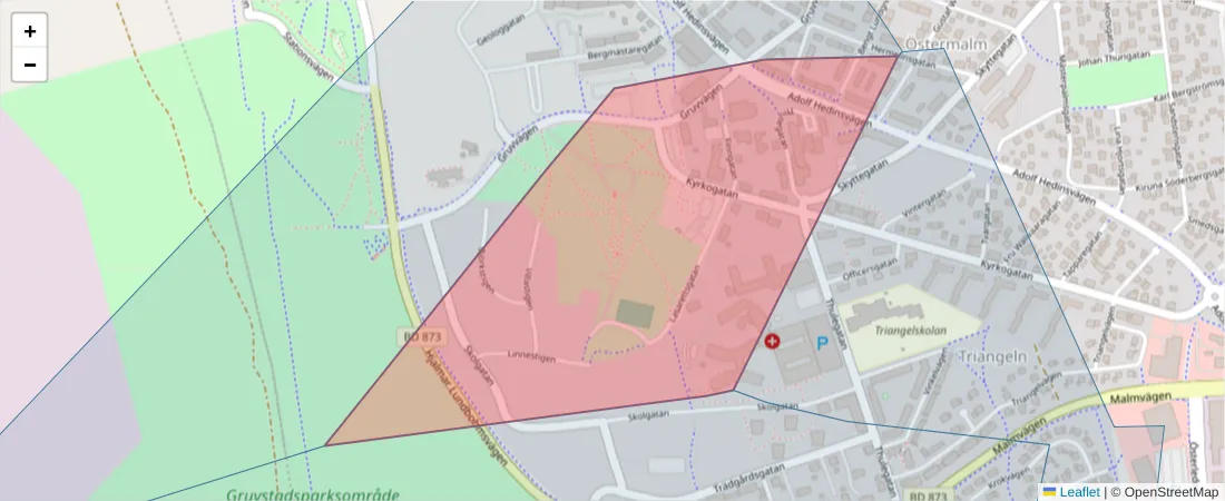 Karta över postnummerområdet  och angränsande postnummer i Sverige