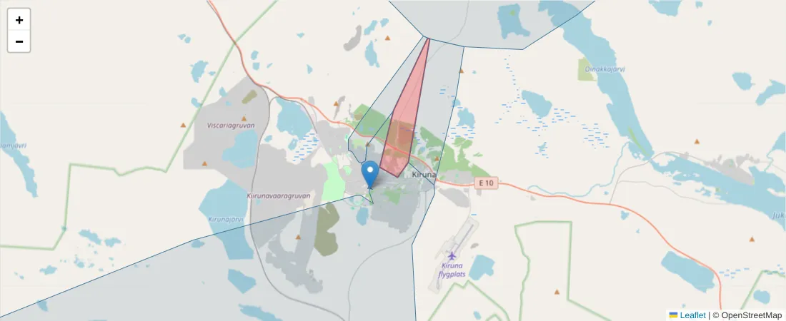 Karta över postnummerområdet  och angränsande postnummer i Sverige