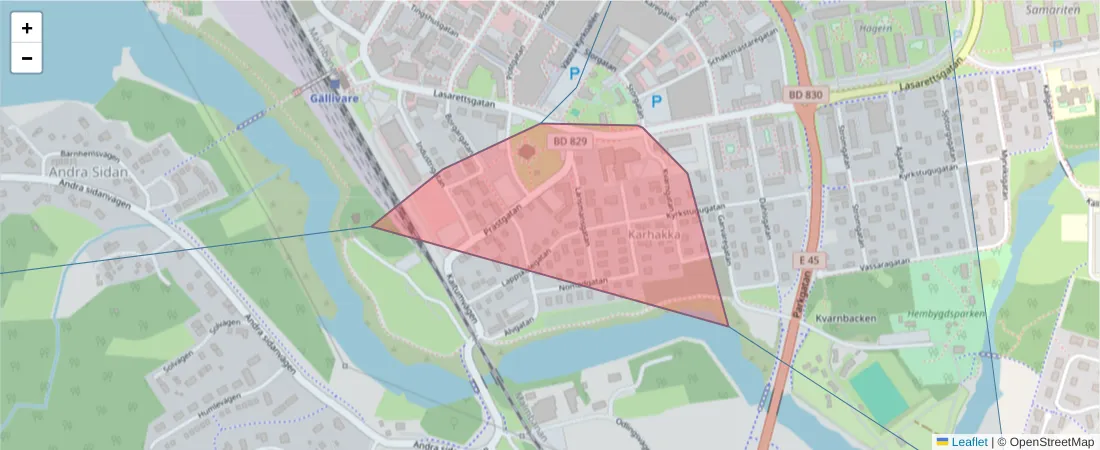 Karta över postnummerområdet  och angränsande postnummer i Sverige