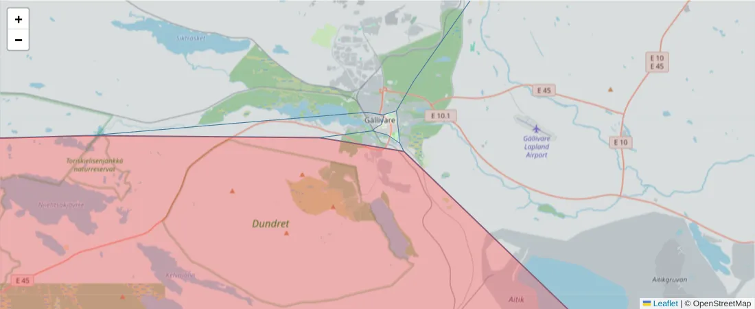 Karta över postnummerområdet  och angränsande postnummer i Sverige